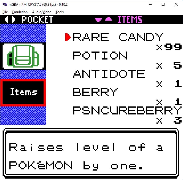 Hacking in Rare Candies in Pokémon Crystal Legacy